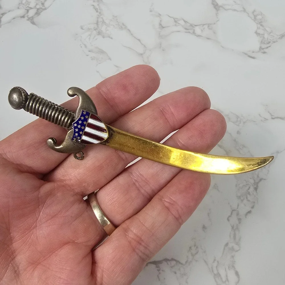 Vintage Scimitar Sword Brooch American Flag Shield Gold Silver Tone Pin 4 Inch